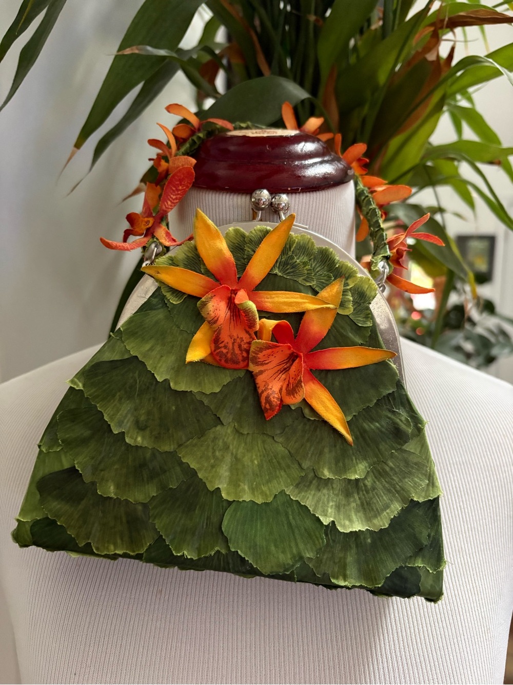 EJ Stern Green Floral Mini Evening Bag with Orange Bloom Accents